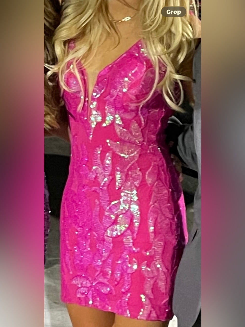 Jovani style 3263 custom Hot Pink Iridescent Sequin dress cut to a mini - Picture 2 of 8